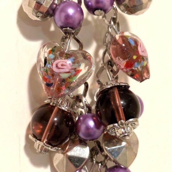 $5 Item! Silver and Purple Floral Glass Bead Charm Bracelet - Picture 2 of 4
